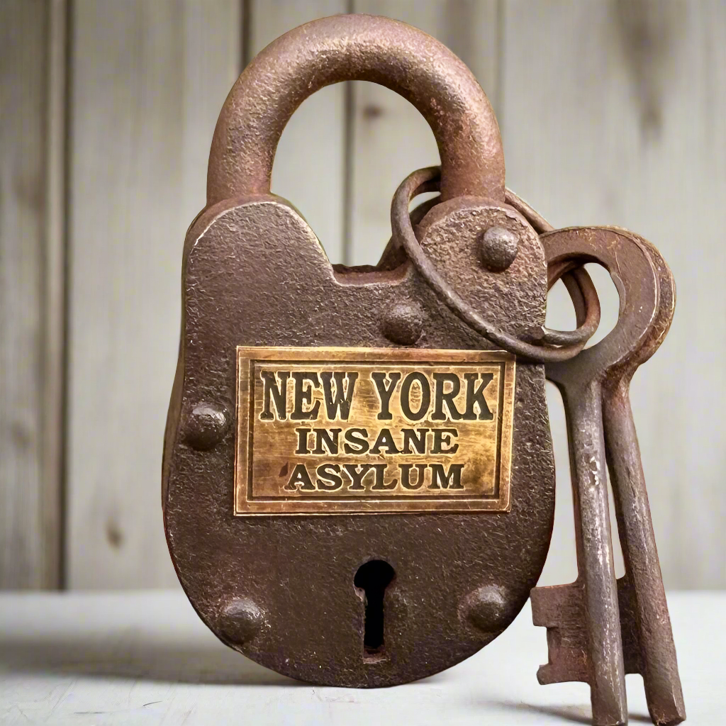 New York Insane Asylum Cast Iron Gate Lock With Brass Tag & Keys (2.5" x 1.5")