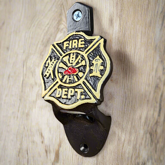 Fire Department Cast Iron Wall Mounted Bottle Opener With Raised Lettering & Painted Finish (4.5" x 2.25")