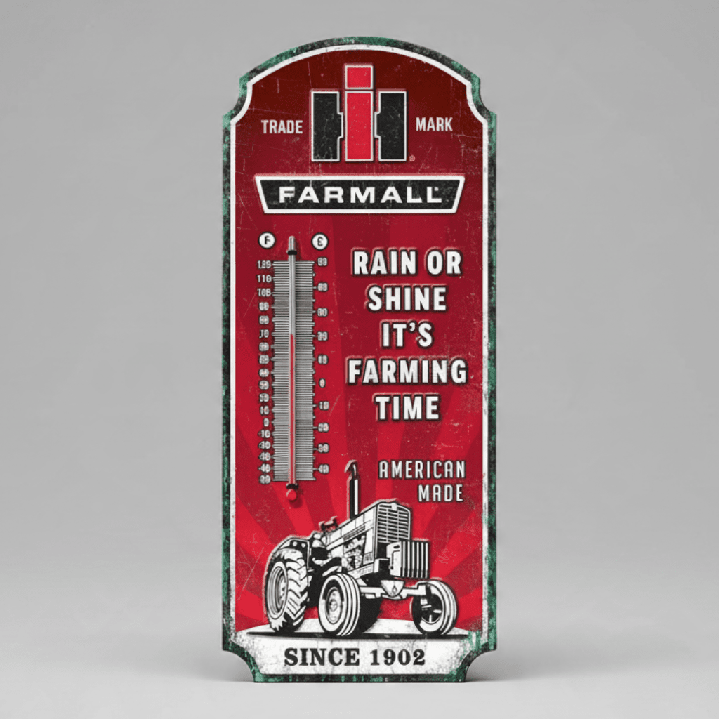Jones Peak Farmall Since 1902 embossed metal wall thermometer with vintage red tractor graphic and patina finish.