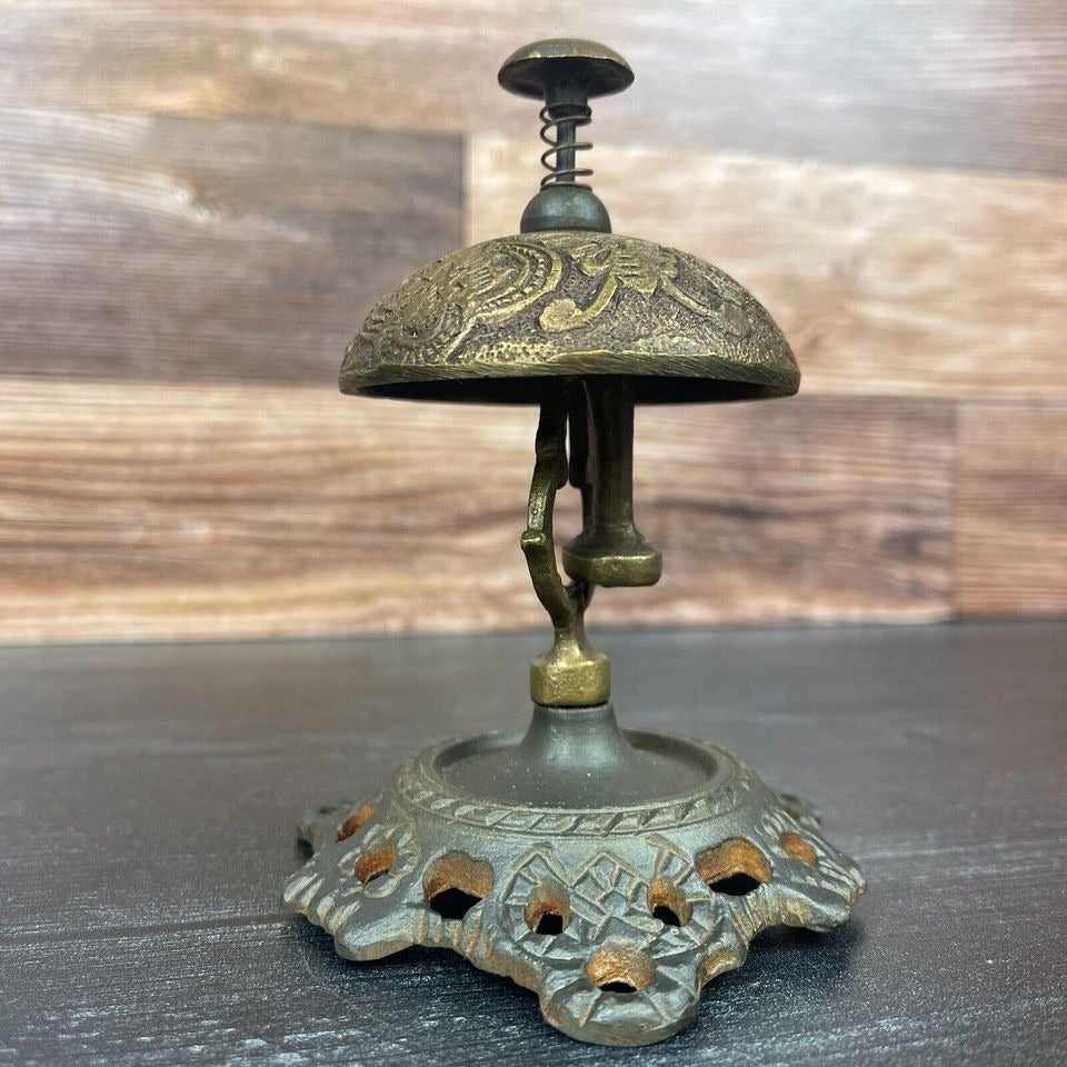 Hotel Desk Bell On Stand Solid Brass With Butterfly Engraving And Antique Finish (5" x 3.5")