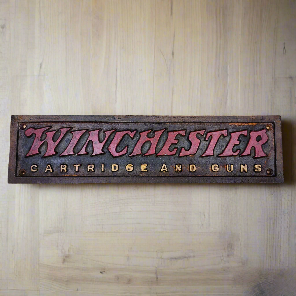 Winchester Cartridges And Guns Cast Iron Plaque With Painted Antique Finish (13.5" x 3")