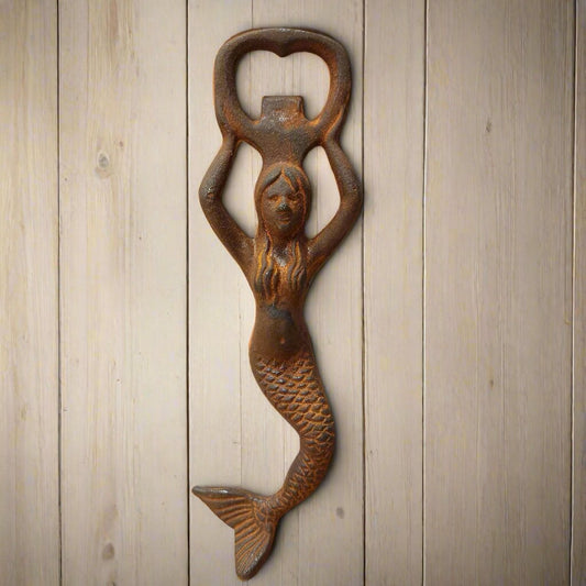 Mermaid Cast Iron Bottle Opener With Antique Finish (7" Long)