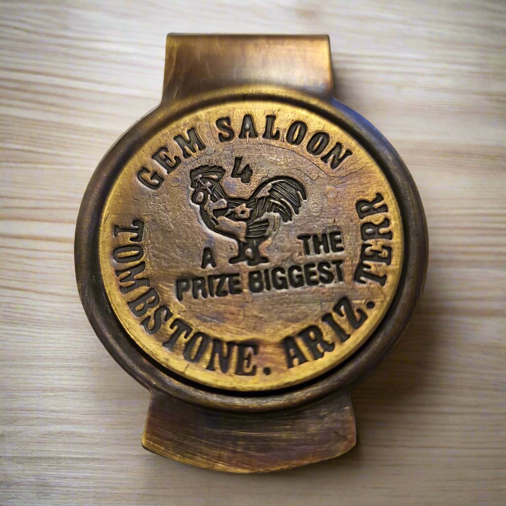 Gem's Saloon Tombstone Arizona Solid Brass Money Clip With Raised Lettering & Antique Finish (3" x 2.25")