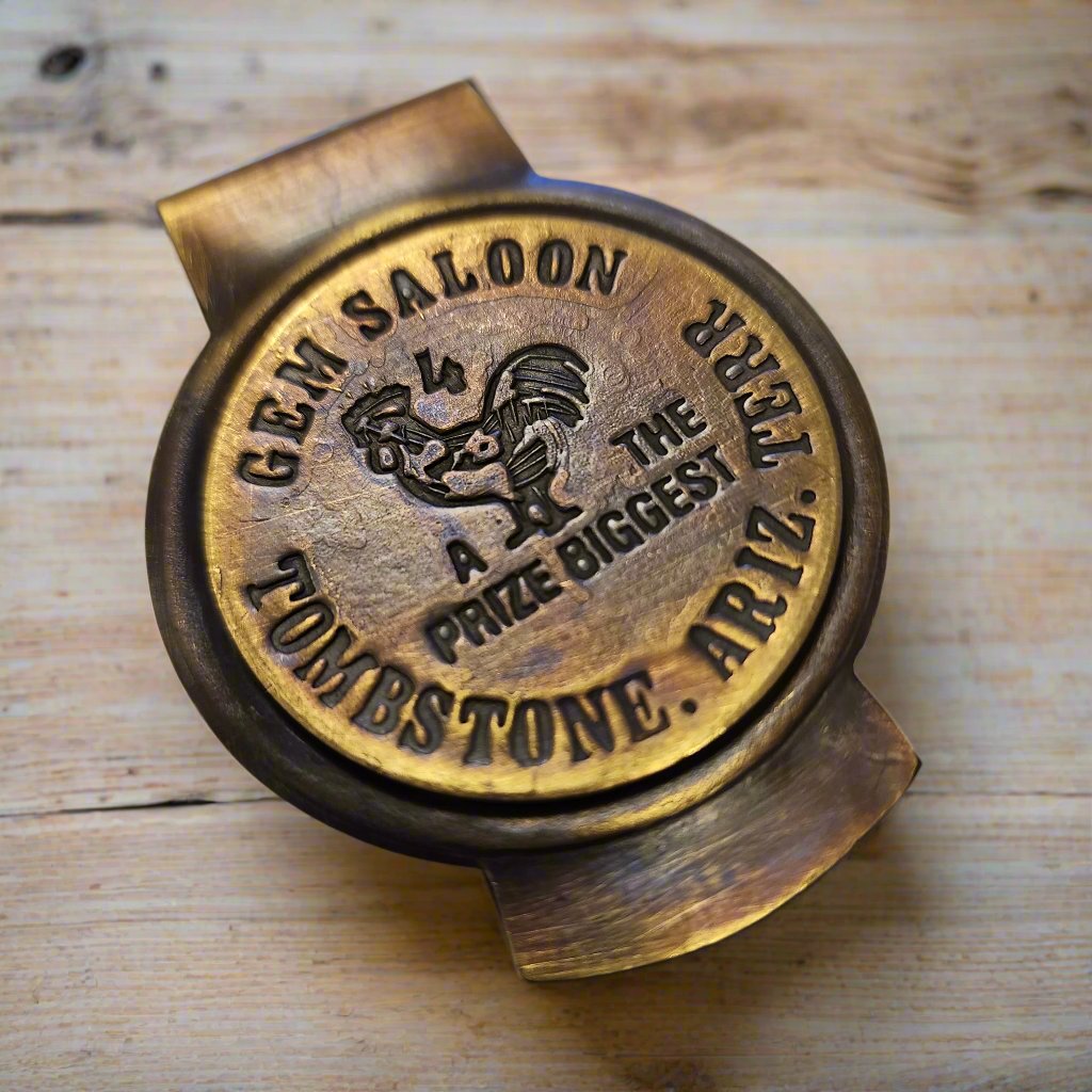 Gem's Saloon Tombstone Arizona Solid Brass Money Clip With Raised Lettering & Antique Finish (3" x 2.25")