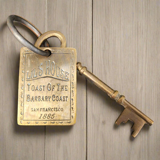 Lil's House San Francisco Brothel Room Brass Tag & Key With Antique Finish (6.5" Long)