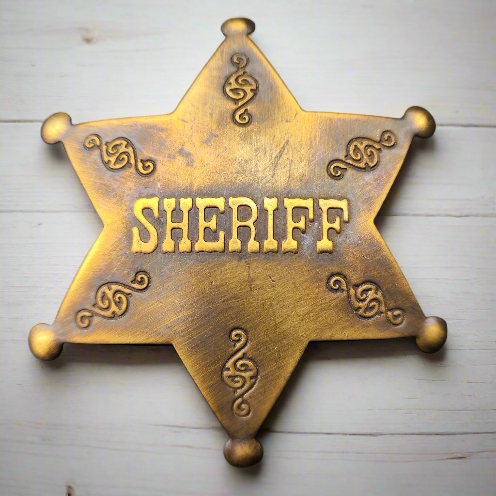 Sheriff Old West Solid Brass Star Badge With Antique Finish & Soldered Pin (3" x 2.25")