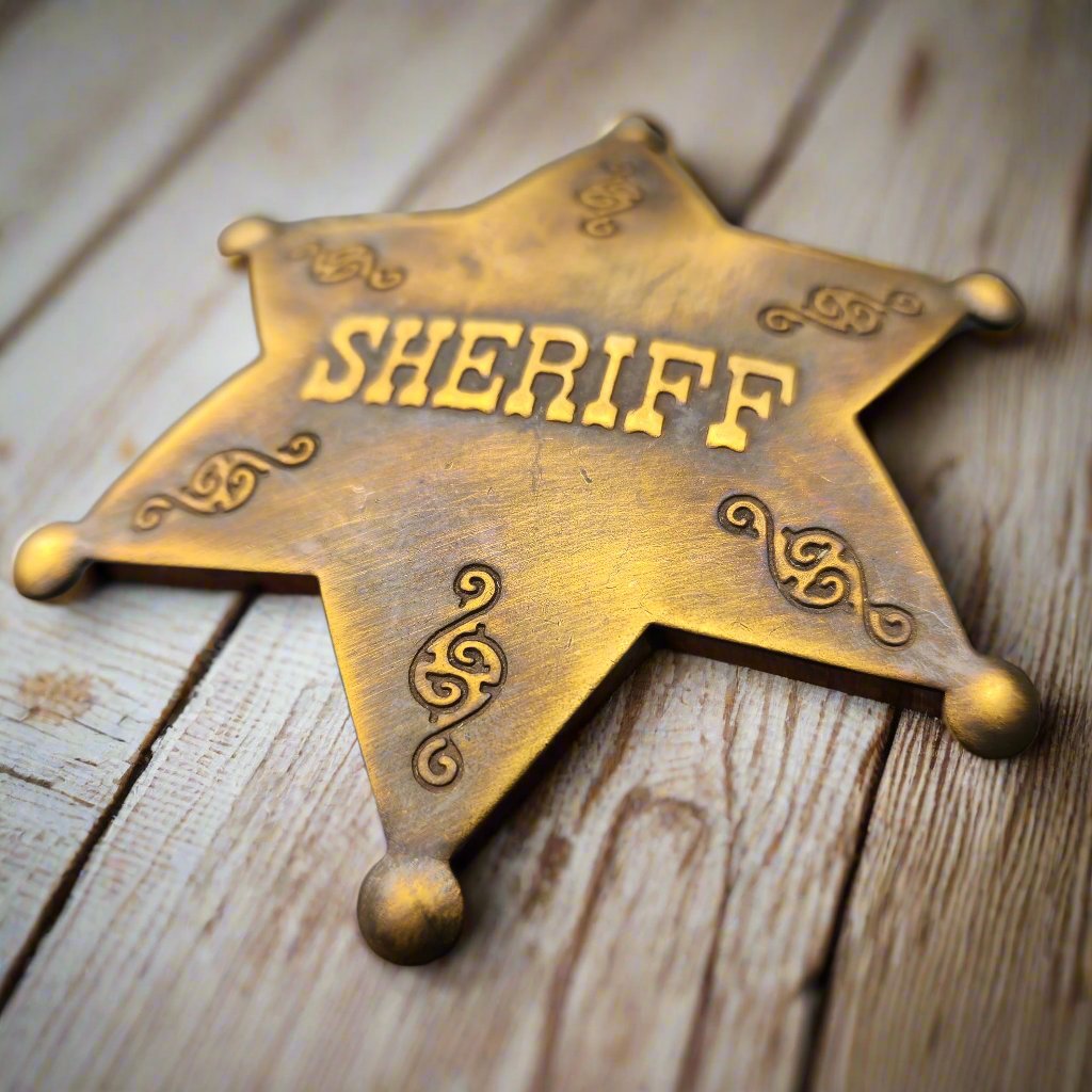 Sheriff Old West Solid Brass Star Badge With Antique Finish & Soldered Pin (3" x 2.25")