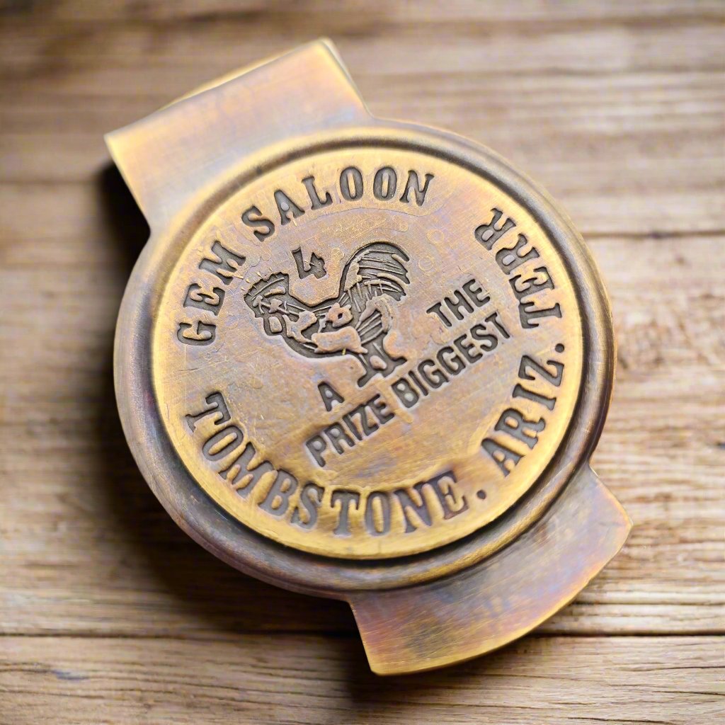 Gem's Saloon Tombstone Arizona Solid Brass Money Clip With Raised Lettering & Antique Finish (3" x 2.25")