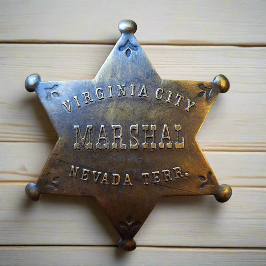 Marshal Virginia City Nevada Terr. Solid Brass Star Badge With Antique Finish & Soldered Pin (3" x 2.25")