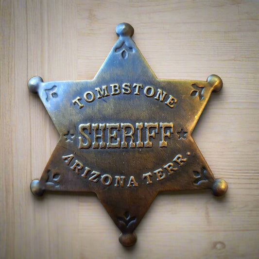 Sheriff Tombstone Arizona Terr. Solid Brass Star Badge With Antique Finish & Soldered Pin (3" x 2.25")