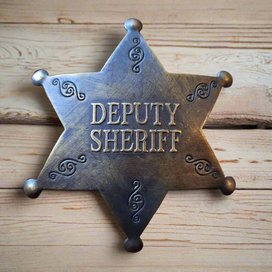 Deputy Sheriff Old West Solid Brass Star Badge With Antique Finish & Soldered Pin (3" x 2.25")