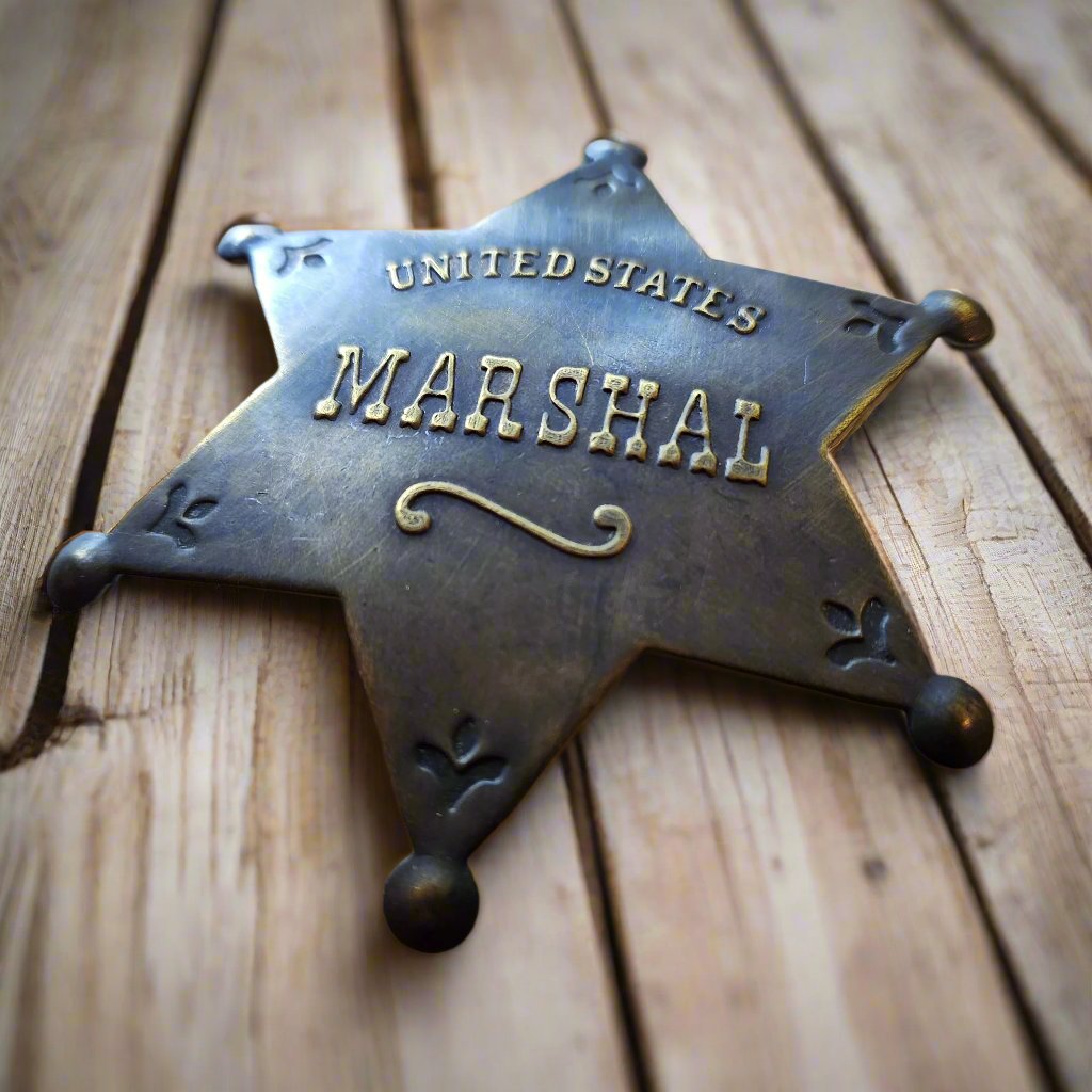 US Marshal Solid Brass Star Badge With Antique Finish & Soldered Pin (3" x 2.25")