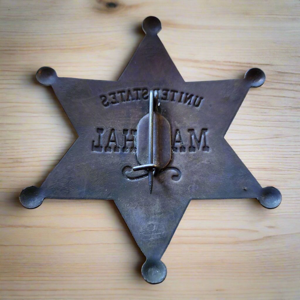 US Marshal Solid Brass Star Badge With Antique Finish & Soldered Pin (3" x 2.25")