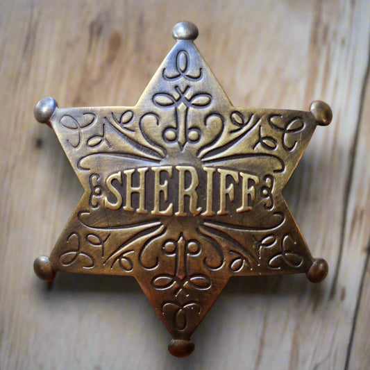 Sheriff Old West Solid Brass Ornate Star Badge With Antique Finish & Soldered Pin (3" x 2.25")