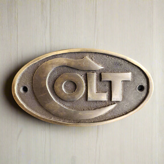 Colt Solid Brass Plaque With Raised Lettering & Antique Finish (5" x 2.75")