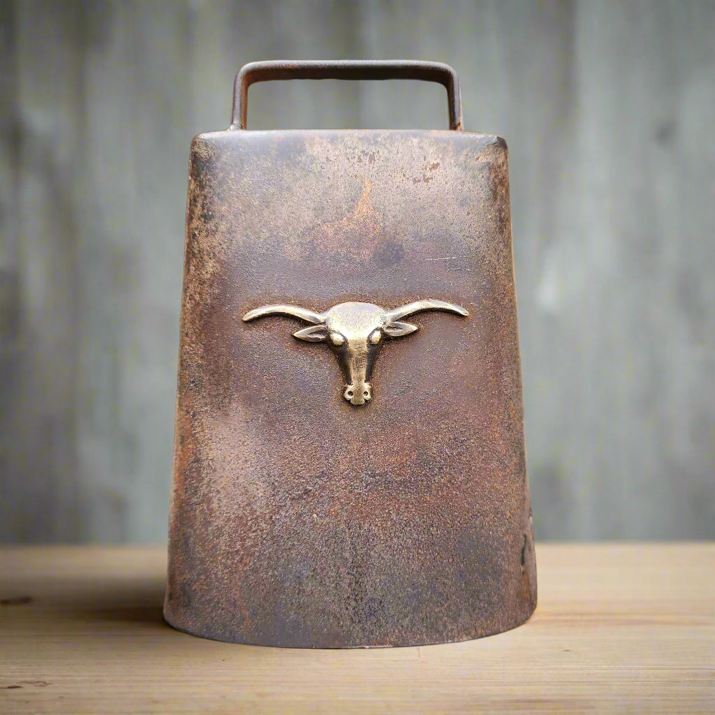 Cow Bell Cast Iron With Raised Steer Head And Vintage Antique Finish (6" x 4.5")