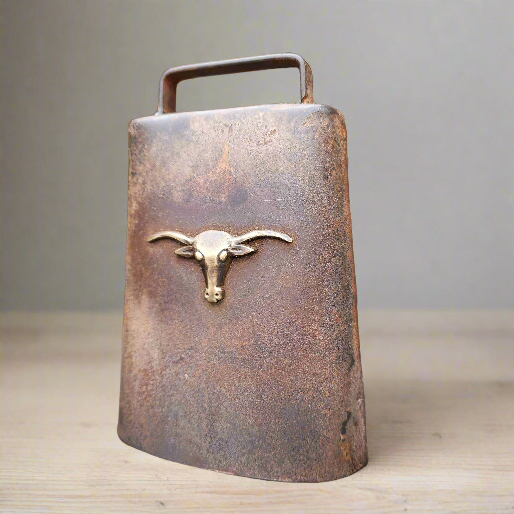 Cow Bell Cast Iron With Raised Steer Head And Vintage Antique Finish (6" x 4.5")