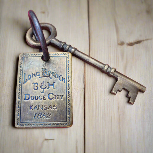 Long Branch 1882 Dodge City Brothel Room Brass Tag & Room Key With Antique Finish (6" Long)