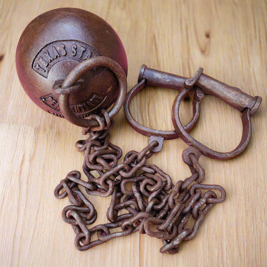 Texas State Penitentiary Cast Iron Working Ball & Chain Leg Irons With Antique Finish (28" Long)