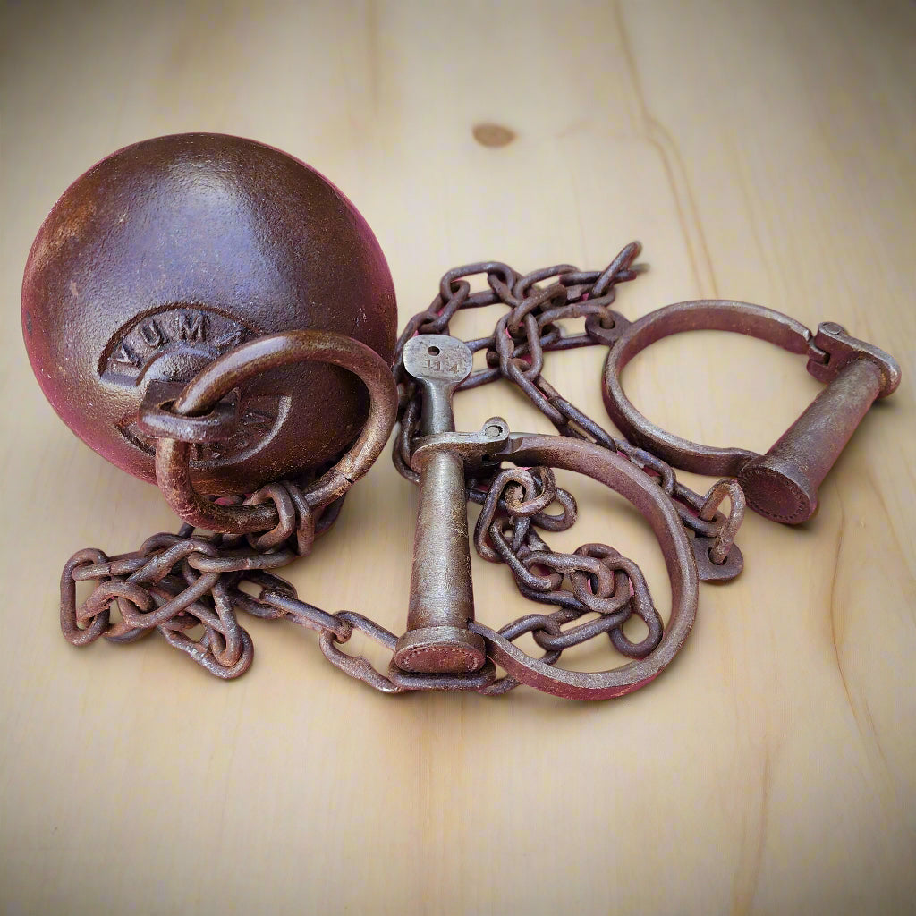 Yuma Prison Cast Iron Working Ball & Chain Leg Irons With Antique Finish (28" Long)