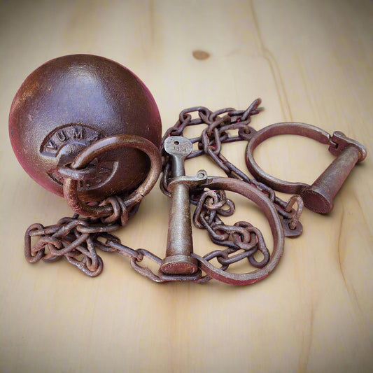 Yuma Prison Cast Iron Working Ball & Chain Leg Irons With Antique Finish (28" Long)