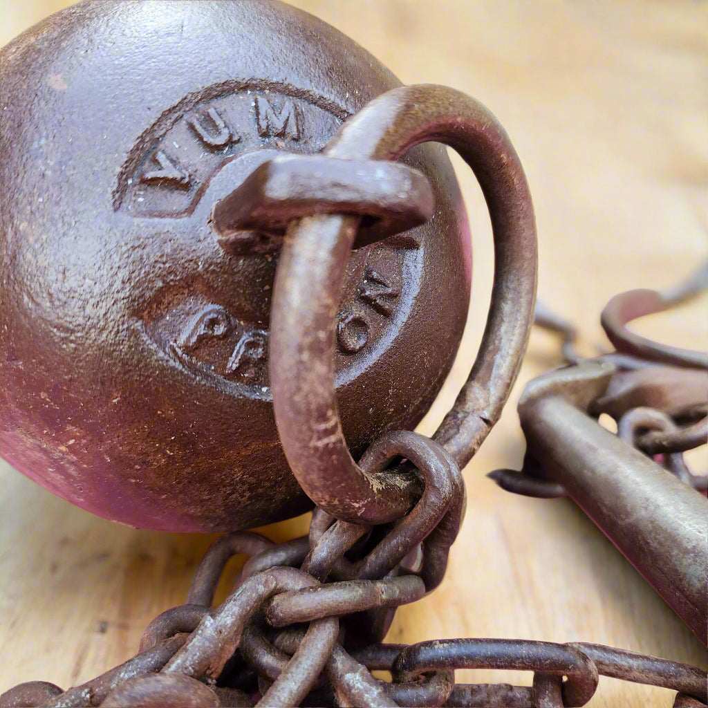 Yuma Prison Cast Iron Working Ball & Chain Leg Irons With Antique Finish (28" Long)