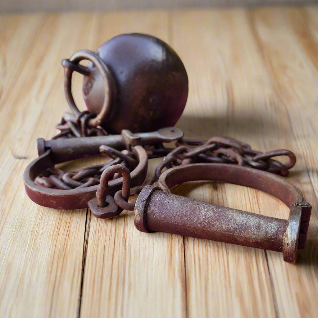 Yuma Prison Cast Iron Working Ball & Chain Leg Irons With Antique Finish (28" Long)