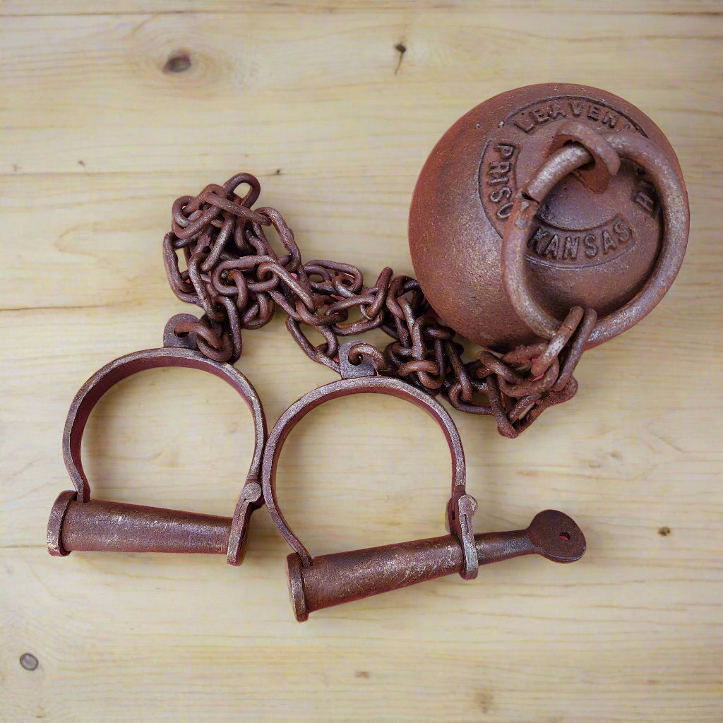 Leavenworth Prison Cast Iron Working Ball & Chain Leg Irons With Antique Finish (28" Long)