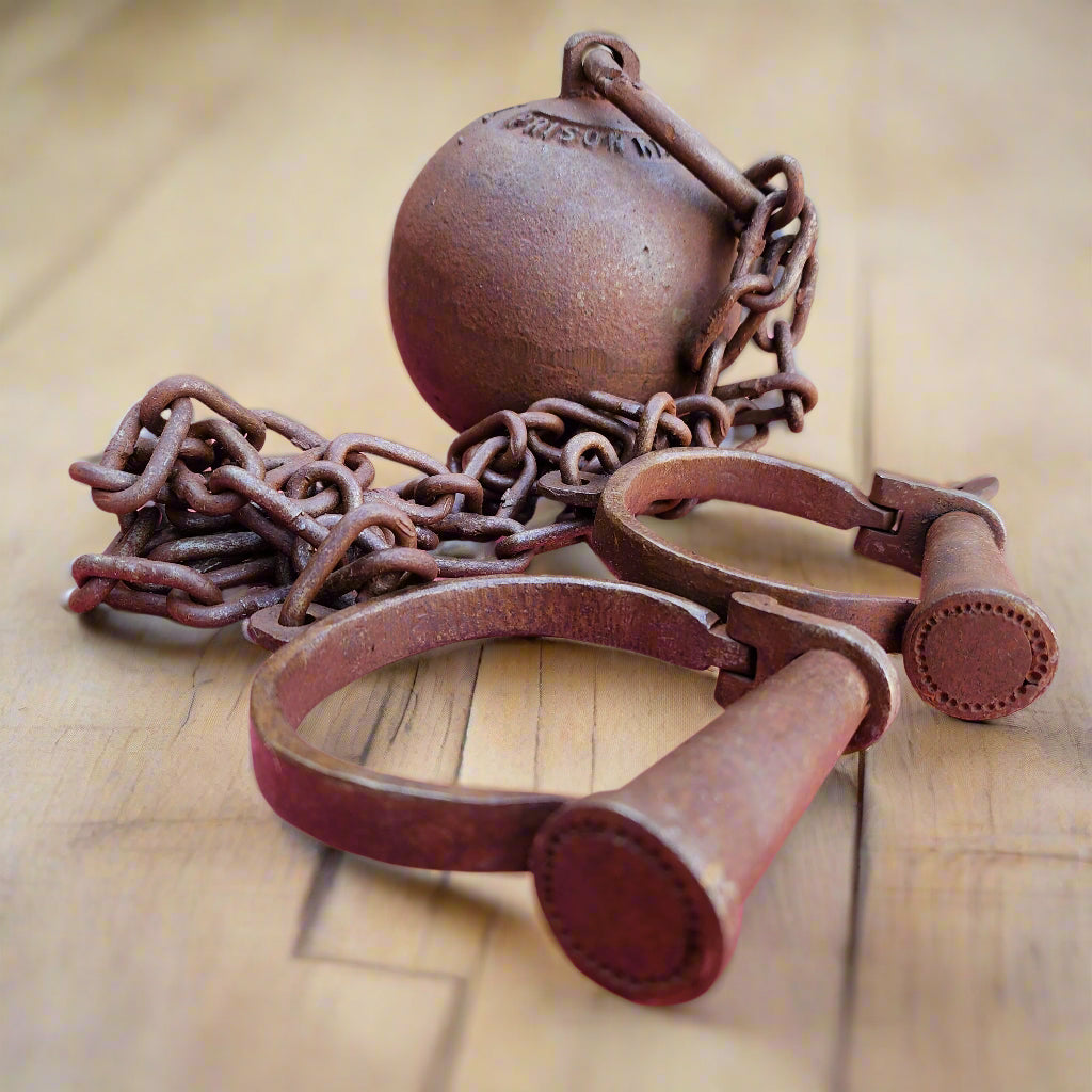 Leavenworth Prison Cast Iron Working Ball & Chain Leg Irons With Antique Finish (28" Long)