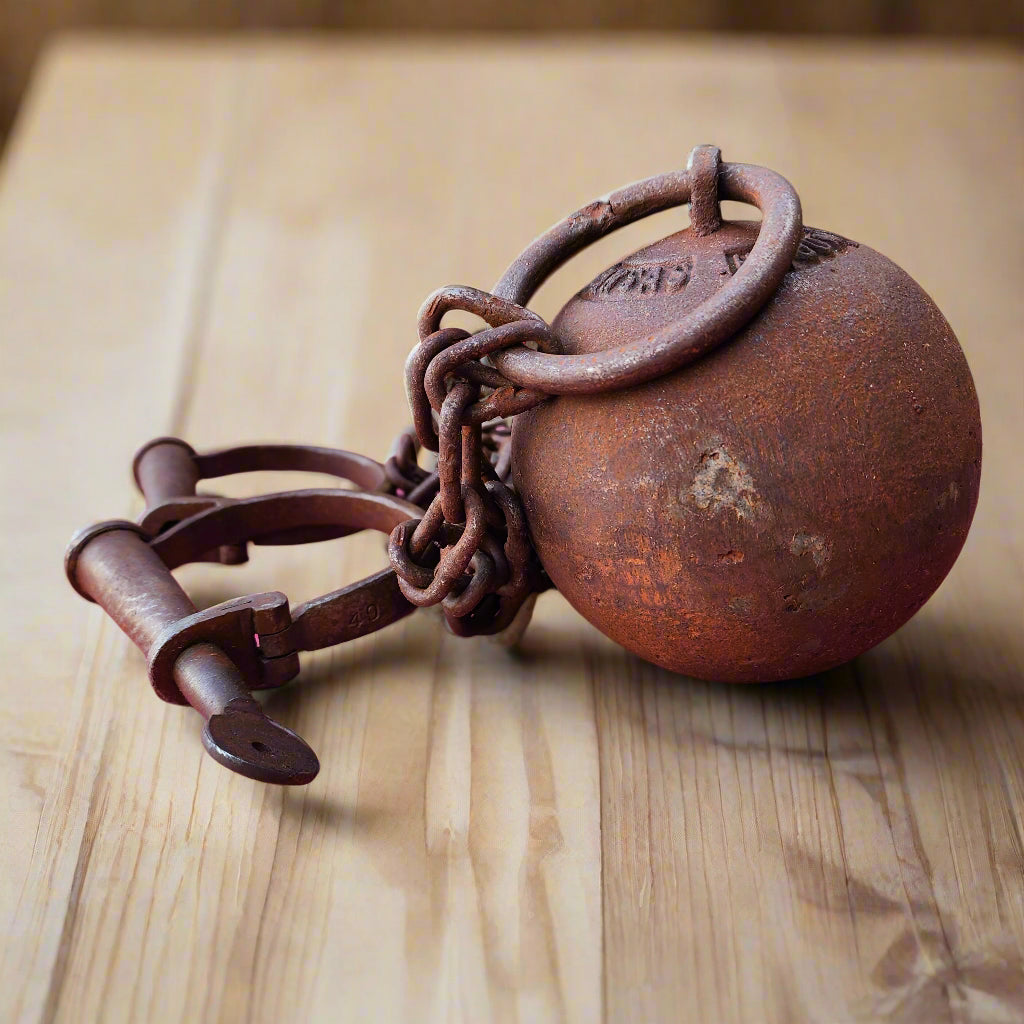 Leavenworth Prison Cast Iron Working Ball & Chain Leg Irons With Antique Finish (28" Long)