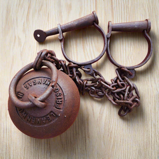 Leavenworth Prison Cast Iron Working Ball & Chain Leg Irons With Antique Finish (28" Long)