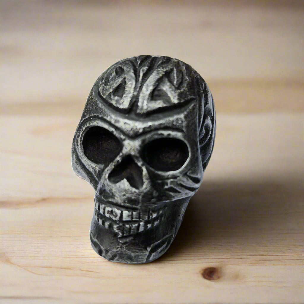 Skull Paperweight Aluminum With Raised Detail & Antique Finish (2" x 1.75")