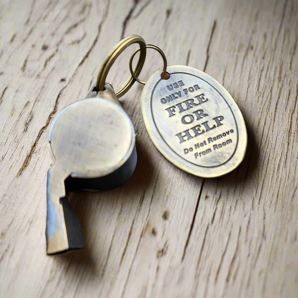 Fire Or Help Solid Brass Fire Department Tag & Whistle (2" Long)