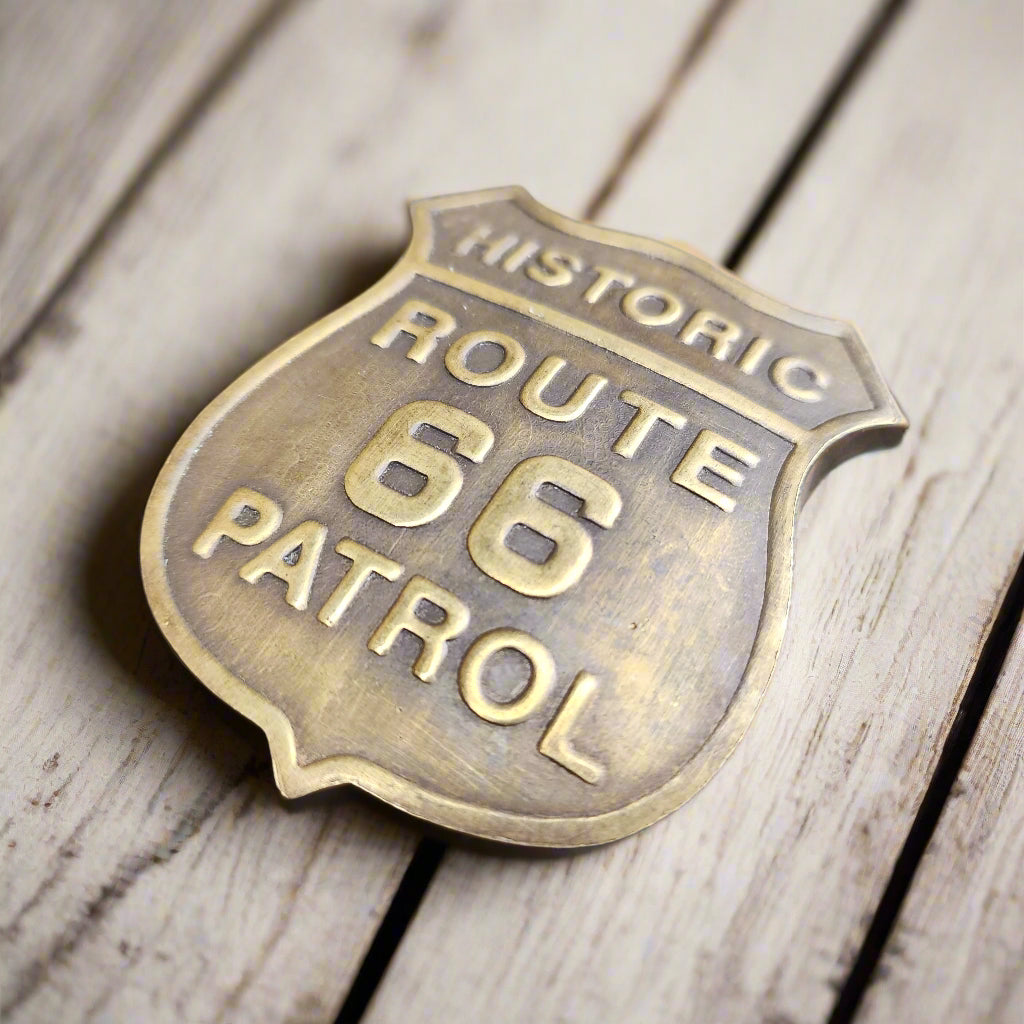 Route 66 Solid Brass Badge With Raised Lettering & Soldered Pin (2.5" x 2")