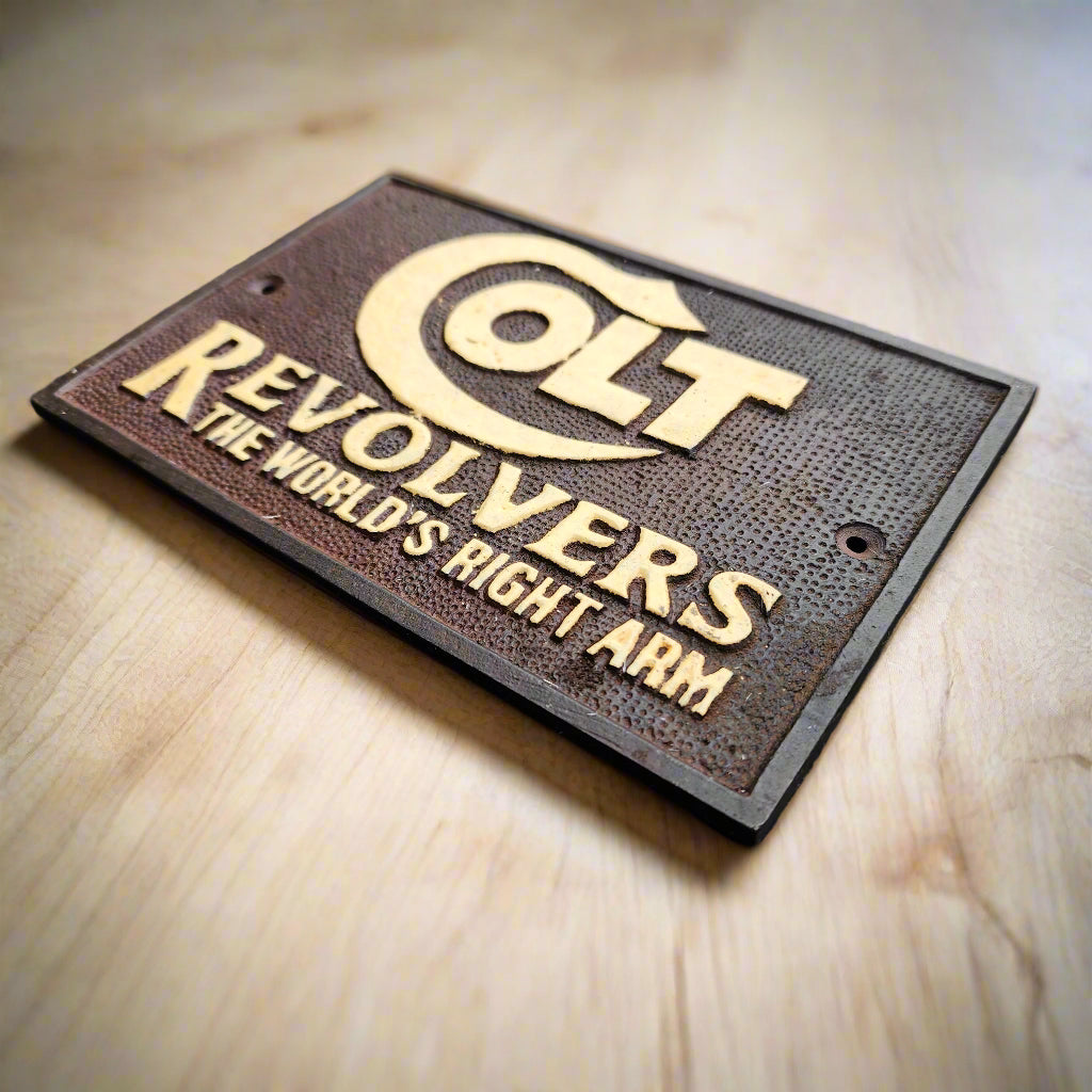 Colt Revolvers Cast Iron Plaque With Raised Lettering & Antique Finish (6.25 x 4.25")
