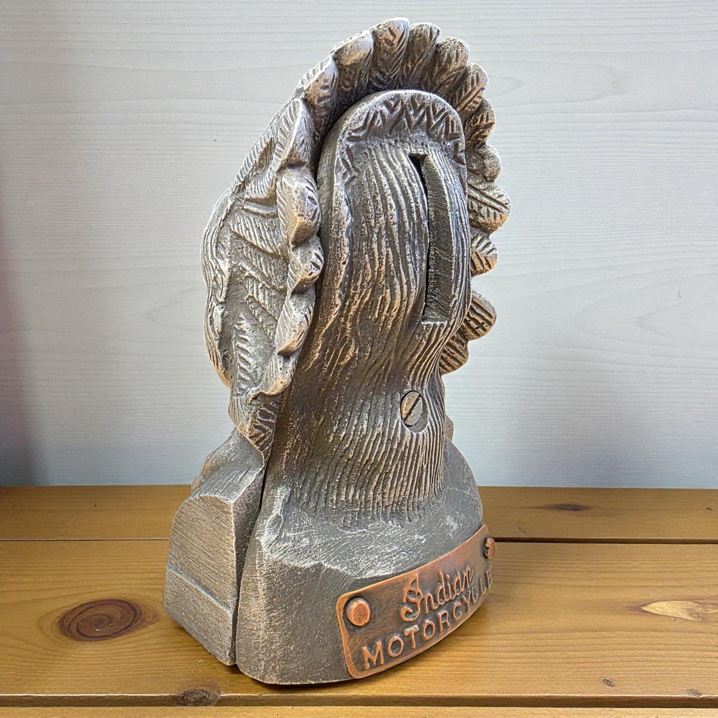 Indian Motorcycle Aluminum Coin Bank With Copper Tag And Antique Finish (4.75" x 2.75")
