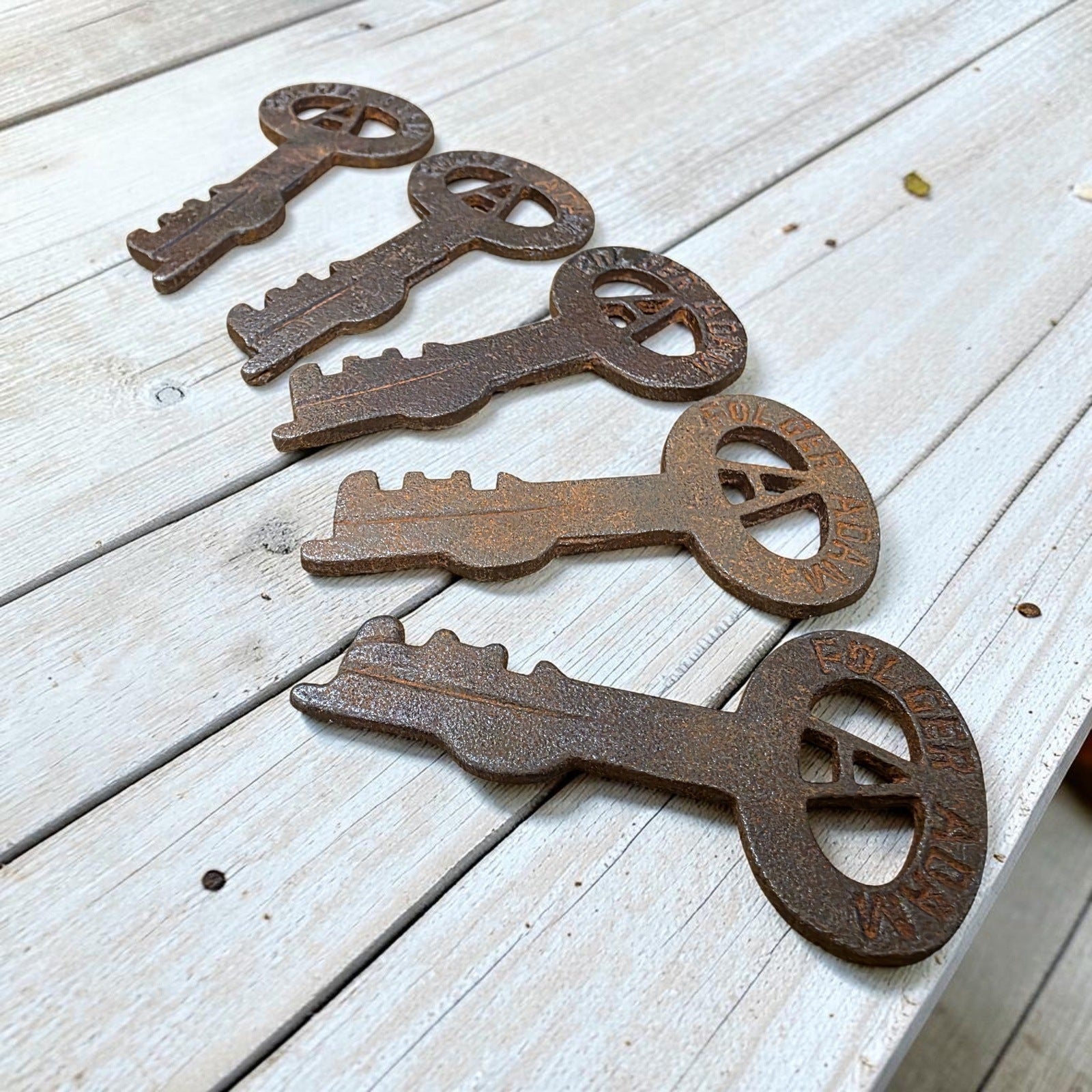 Jones Peak Folger Adams decorative cast iron keys shown from an angled close-up view.