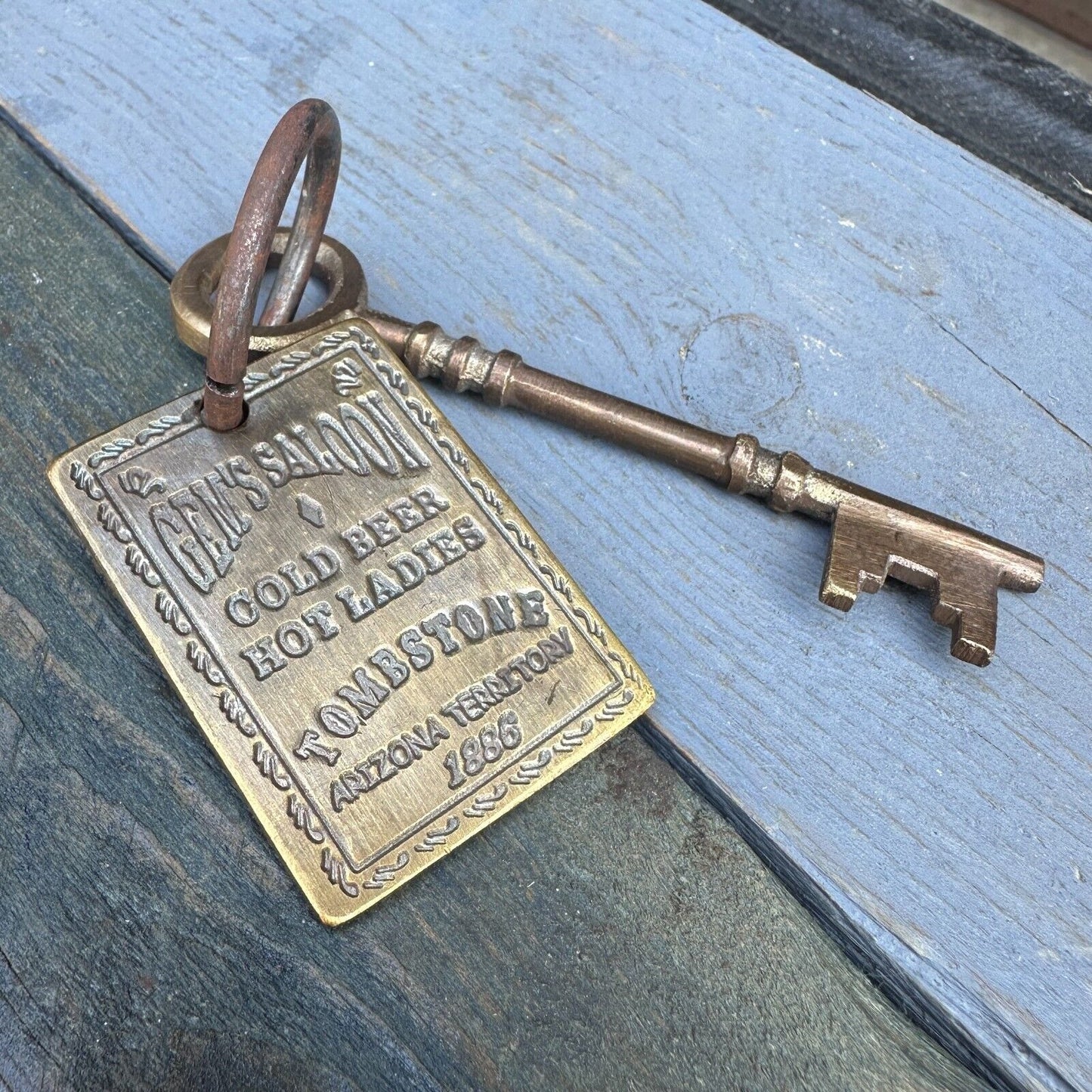 Gem's Saloon 1886 Tombstone Brothel Room Brass Tag & Key With Antique Finish (6.5" Long)