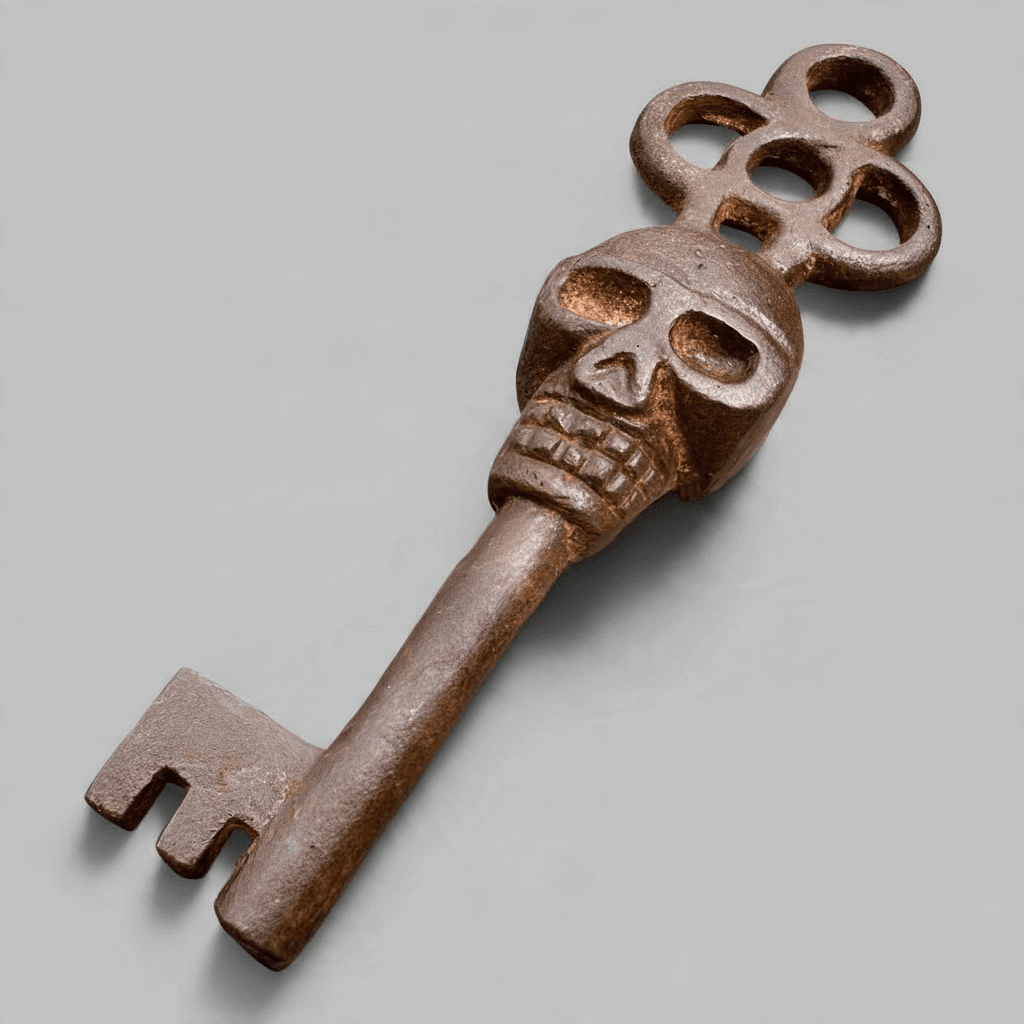 Jones Peak decorative cast iron skeleton key with a skull head design and an antique distressed brown finish.