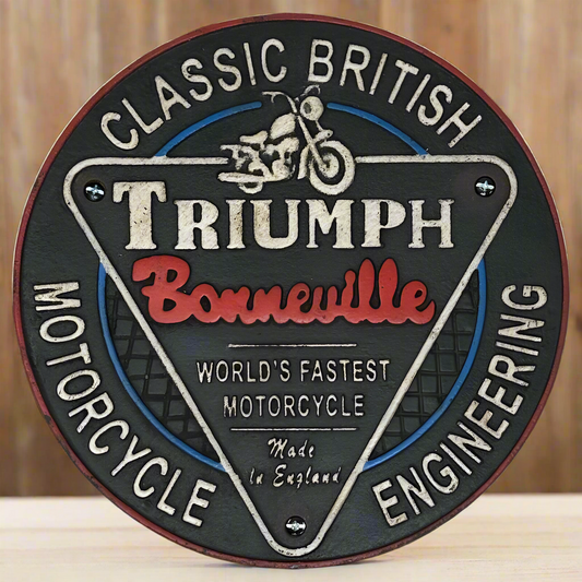 Triumph Bonneville Motorcycle Cast Iron Plaque With Antique Finish (9.5" Round)