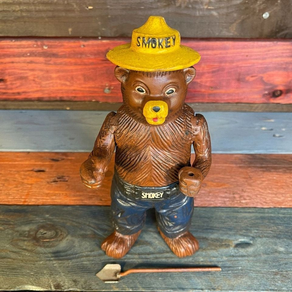 Smokey Bear Cast Iron Bank With Painted Antique Finish (8" x 3.5")