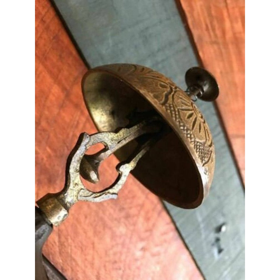 Hotel Desk Bell On Stand Solid Brass With Floral Engraving And Antique Patina Finish (5" x 3.5")