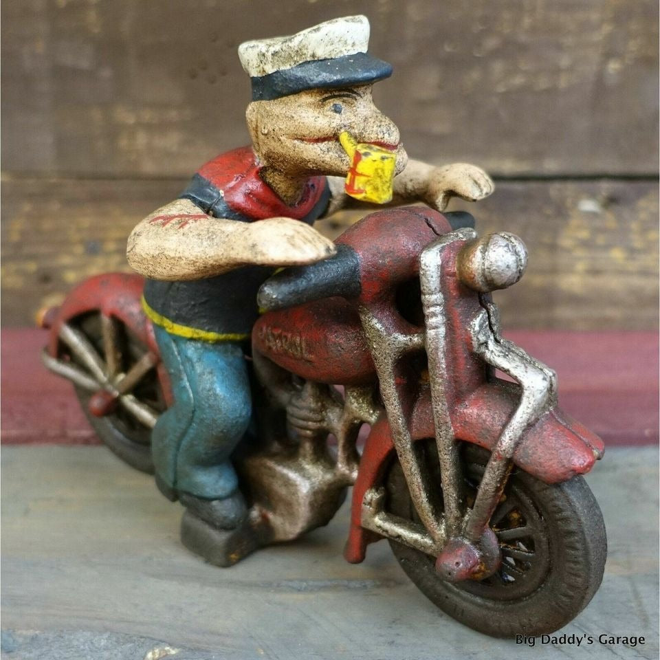 Popeye Sailor Man Patrol HD Motorcycle Figurine Cast Iron Painted With Antique Finish (8" x 6")