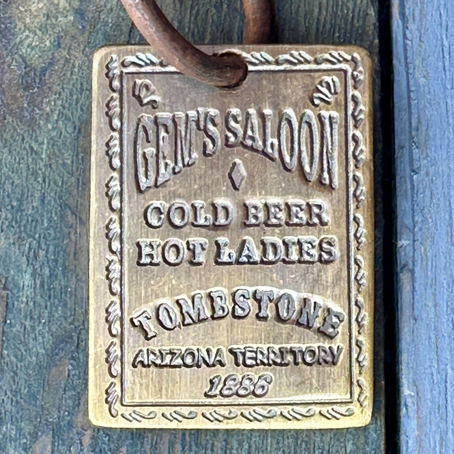 Gem's Saloon 1886 Tombstone Brothel Room Brass Tag & Key With Antique Finish (6.5" Long)