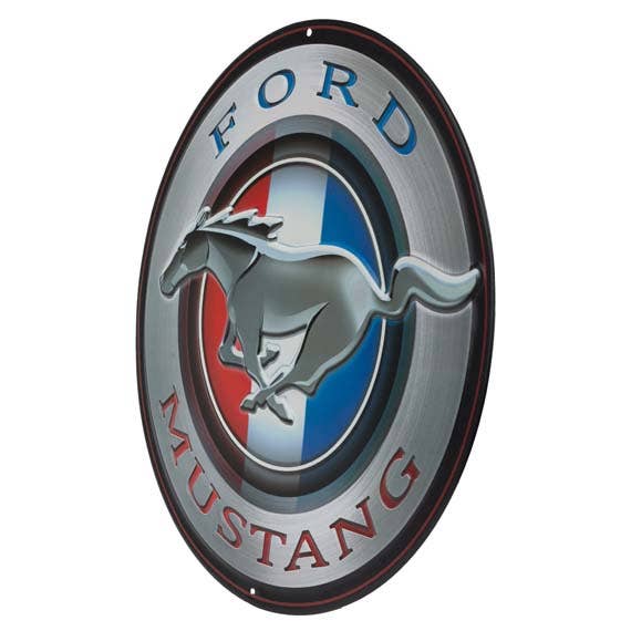 Angled view of the Ford Mustang round embossed metal sign
