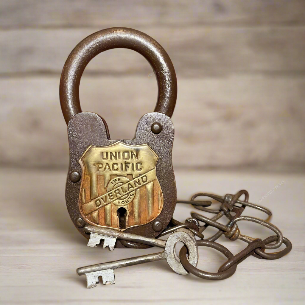 Union Pacific Railroad The Overland Route Cast Iron Lock and Keys With Chain and Antique Finish (5" x 3.5")