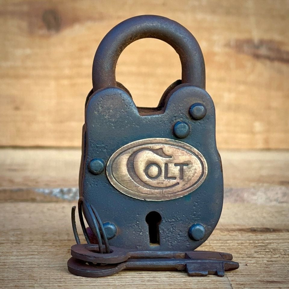 Colt Gate Lock With Brass Tag Keys & Antique Vintage Finish (2.5" x 1.5")