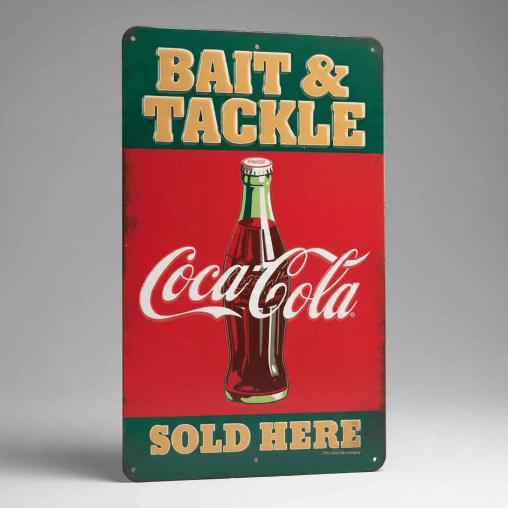 Jones Peak vintage Coca-Cola Bait & Tackle embossed metal sign with a classic glass bottle illustration