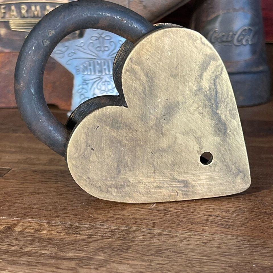 Victorian Ornate Heart Shaped Brass Lock With Antique Vintage Finish (4.25" x 3" x 0.75")