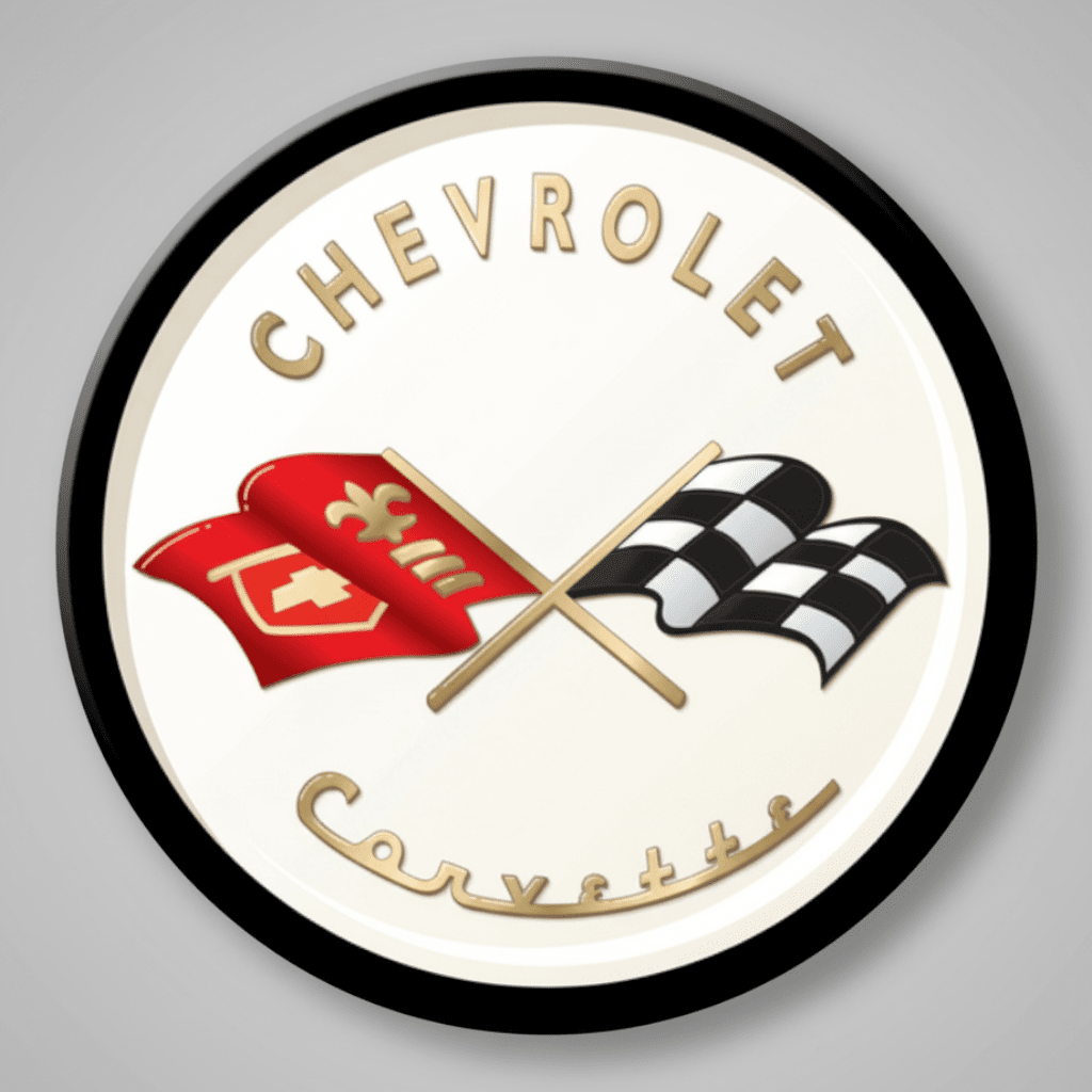 Jones Peak round Chevrolet Corvette flags magnet featuring a red and checkered racing flag design on a white background